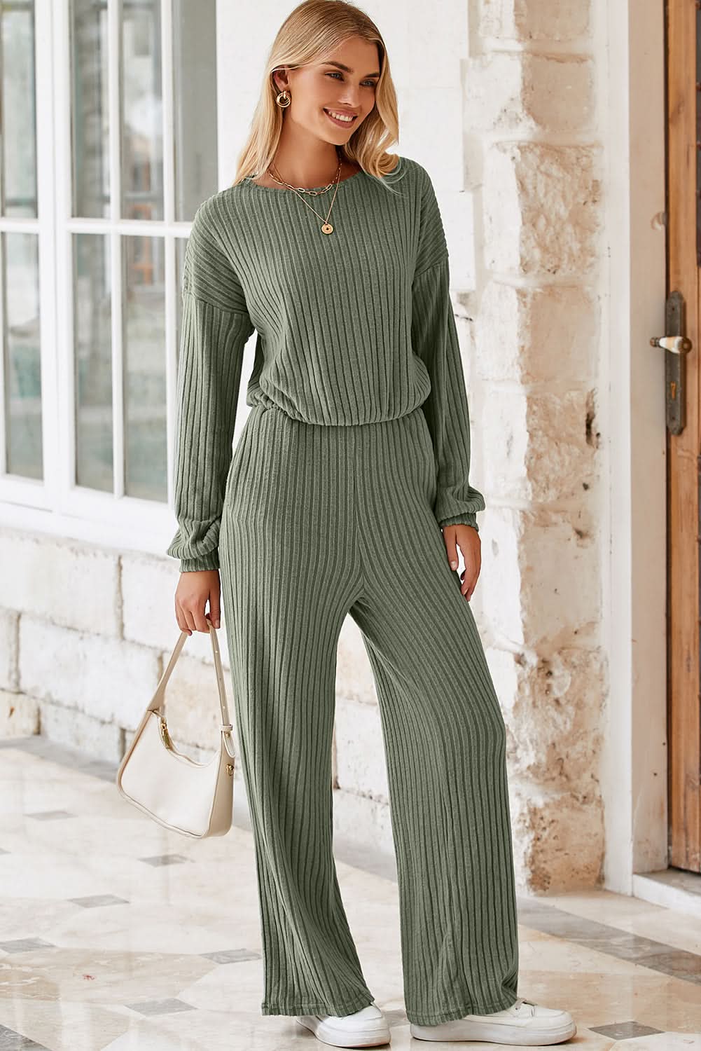 Laurel Green Solid Ribbed Knit Keyhole Back High Waist Jumpsuit - Love Salve